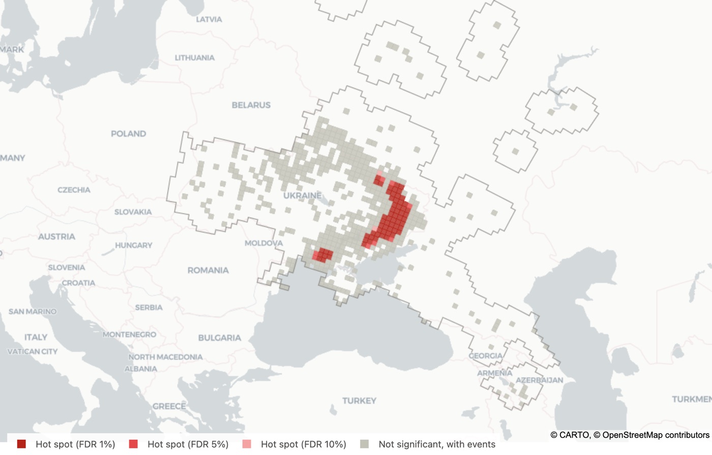 Map of Getis-Ord Gi* hot spots of recorded conflict events in 2022 to 2025 on a 25 km equal-area grid, showing a narrow band of significant cells along eastern Ukraine and a smaller cluster near Kherson, with grey cells for non-significant locations with events