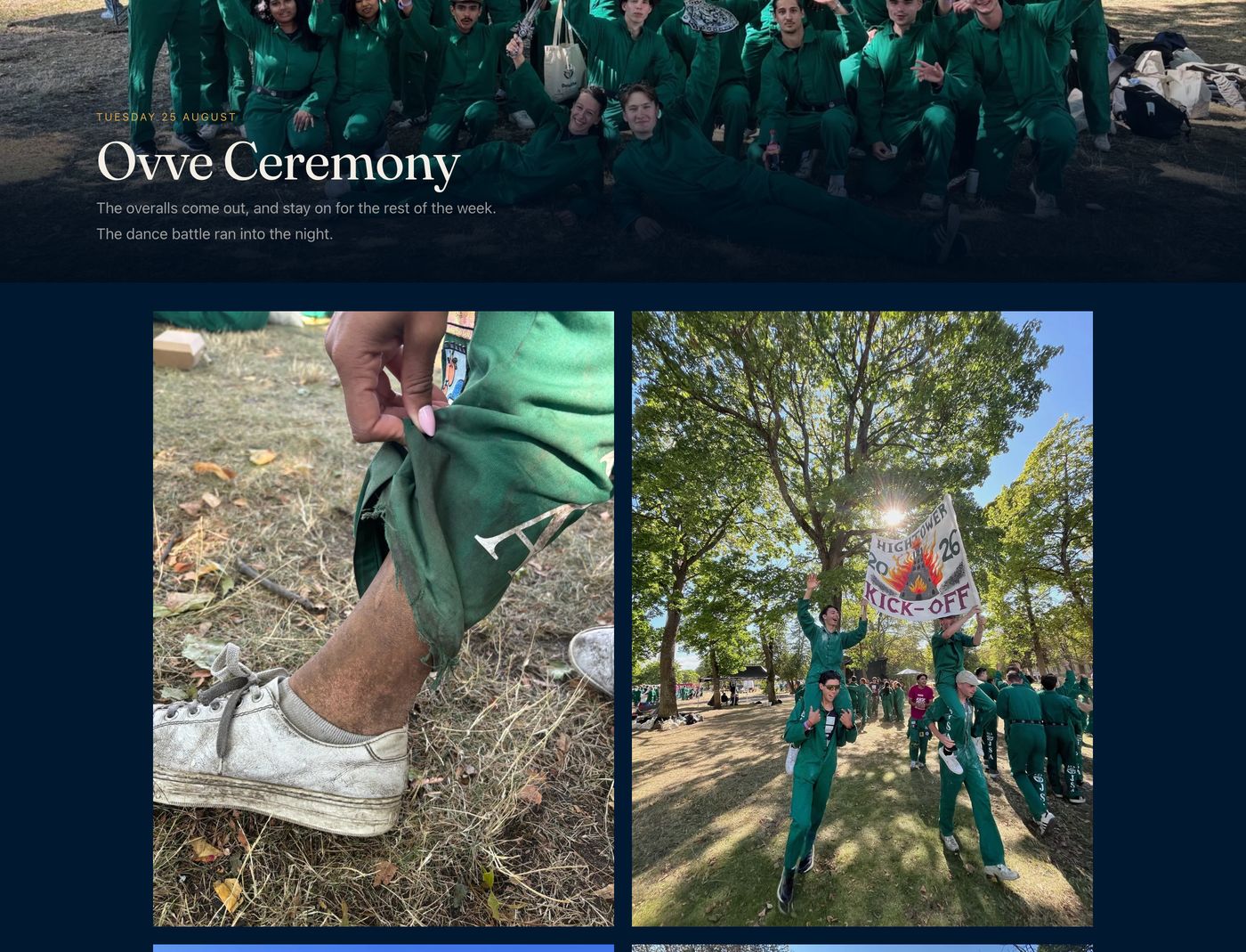 A chapter of the page: a full-width photograph with the day's title over it, above two balanced columns of further photographs