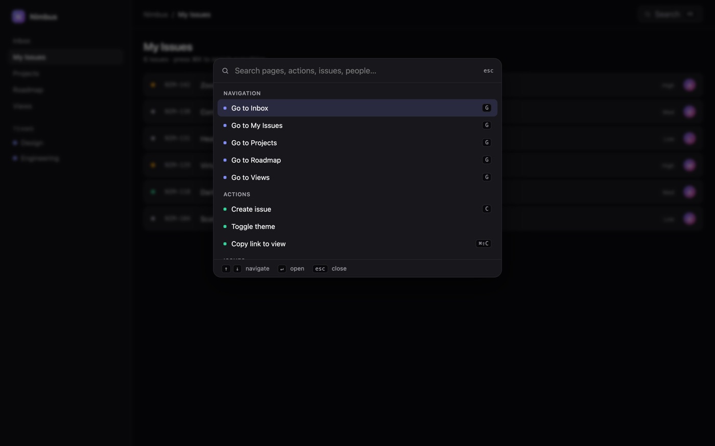 A command palette open over a mock issue tracker, showing ranked results grouped by pages, actions, issues and people