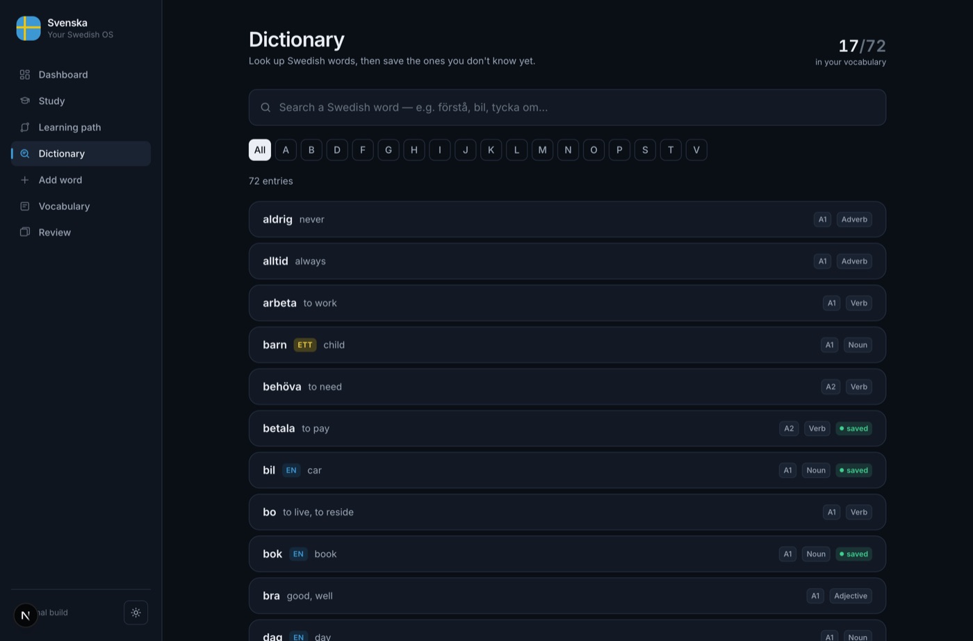 The dictionary screen listing Swedish words with their English translations, CEFR level, word class, and a saved marker on words already in the vocabulary