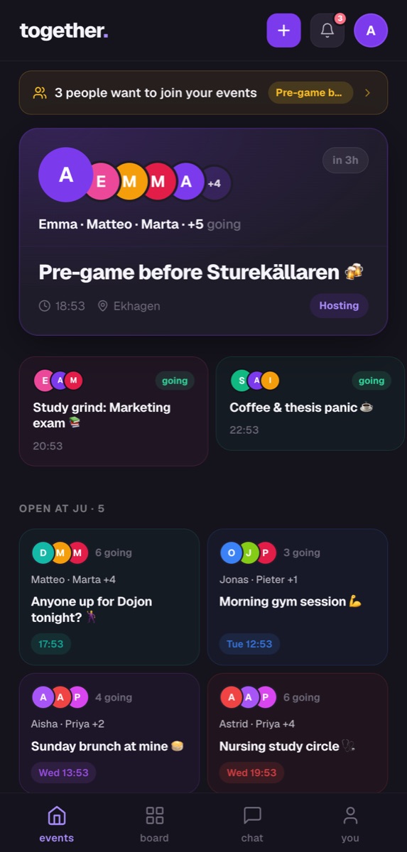 The Together events feed on a phone, showing a highlighted event with attendee avatars above a grid of smaller events open at the university